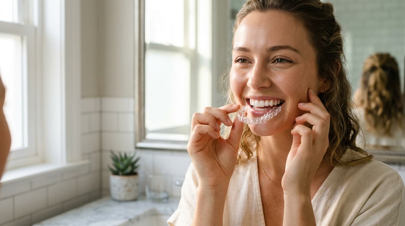 Patient inserting clear orthodontic aligner tray