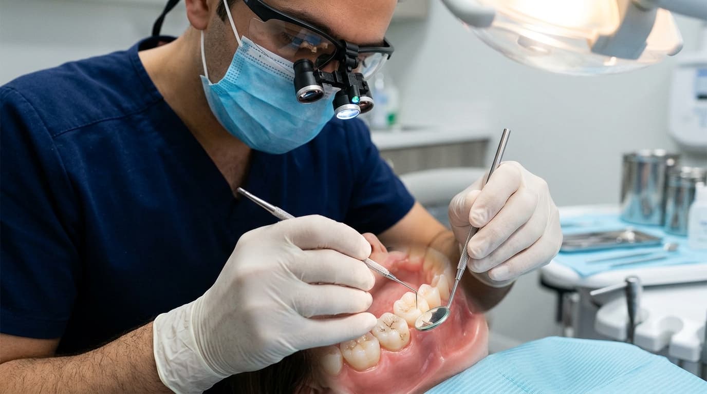 Dentist investigating hidden toothache with dental loupes