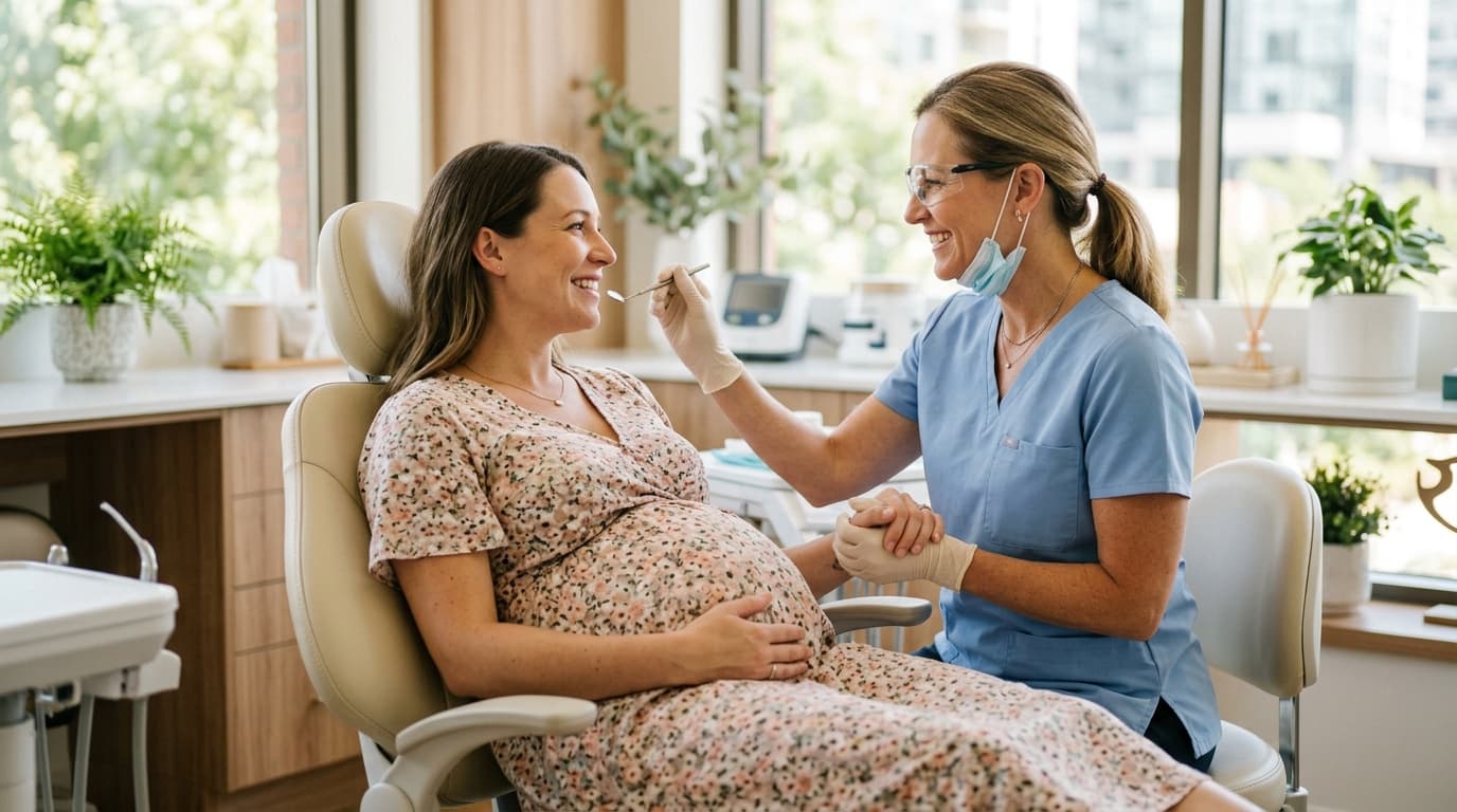 Expectant mother having gentle dental consultation with dentist