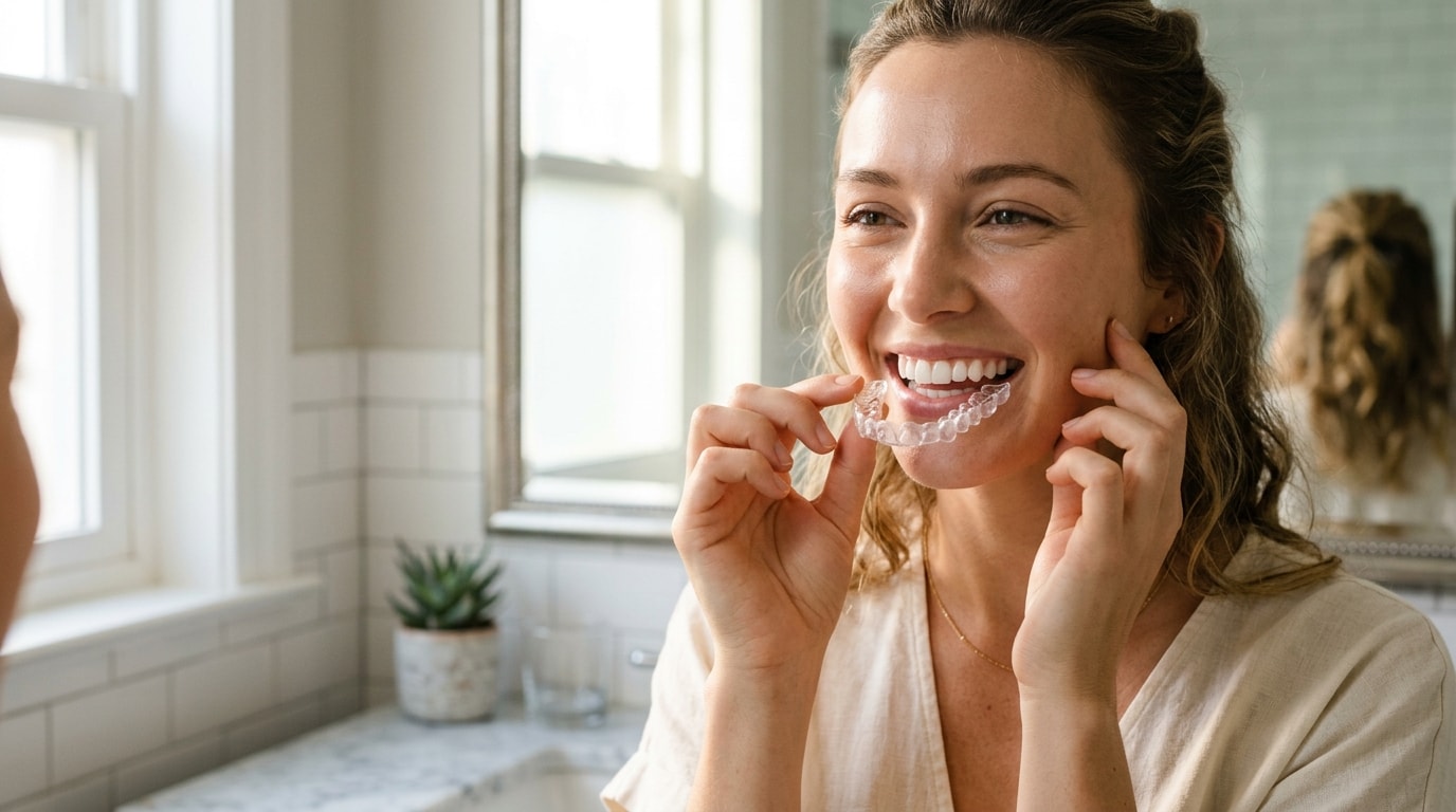 Patient inserting clear orthodontic aligner tray