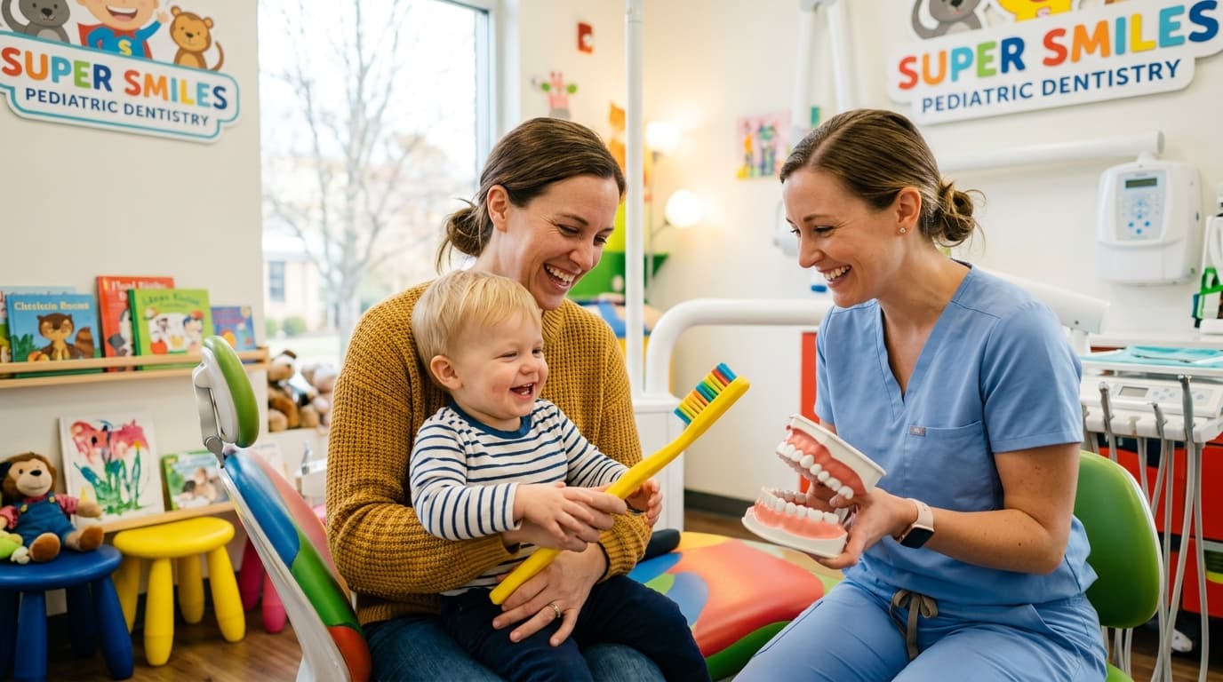 Mother and toddler in pediatric dental operatory learning tooth brushing