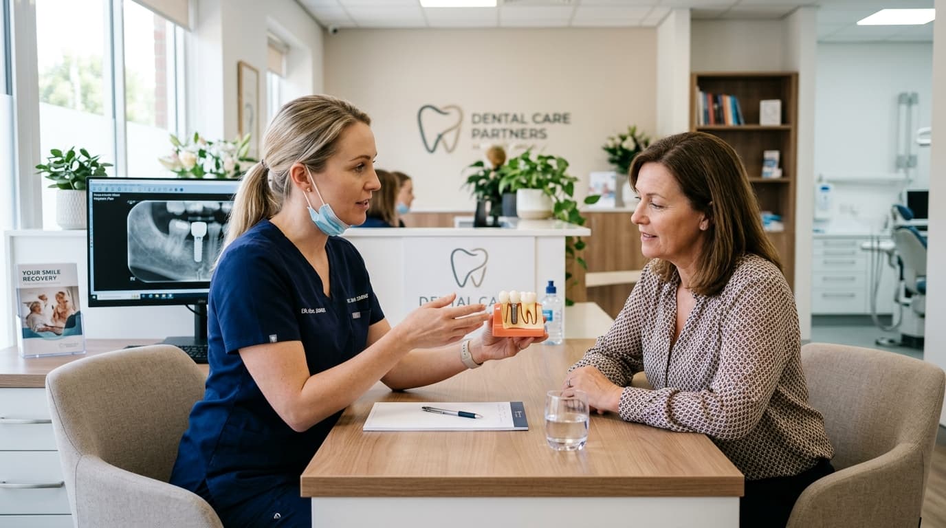 Dentist explaining dental implant model to patient during consultation