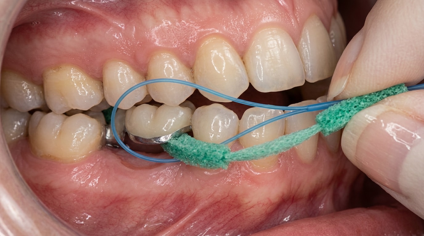 Cleaning around orthodontic braces and dental bridge