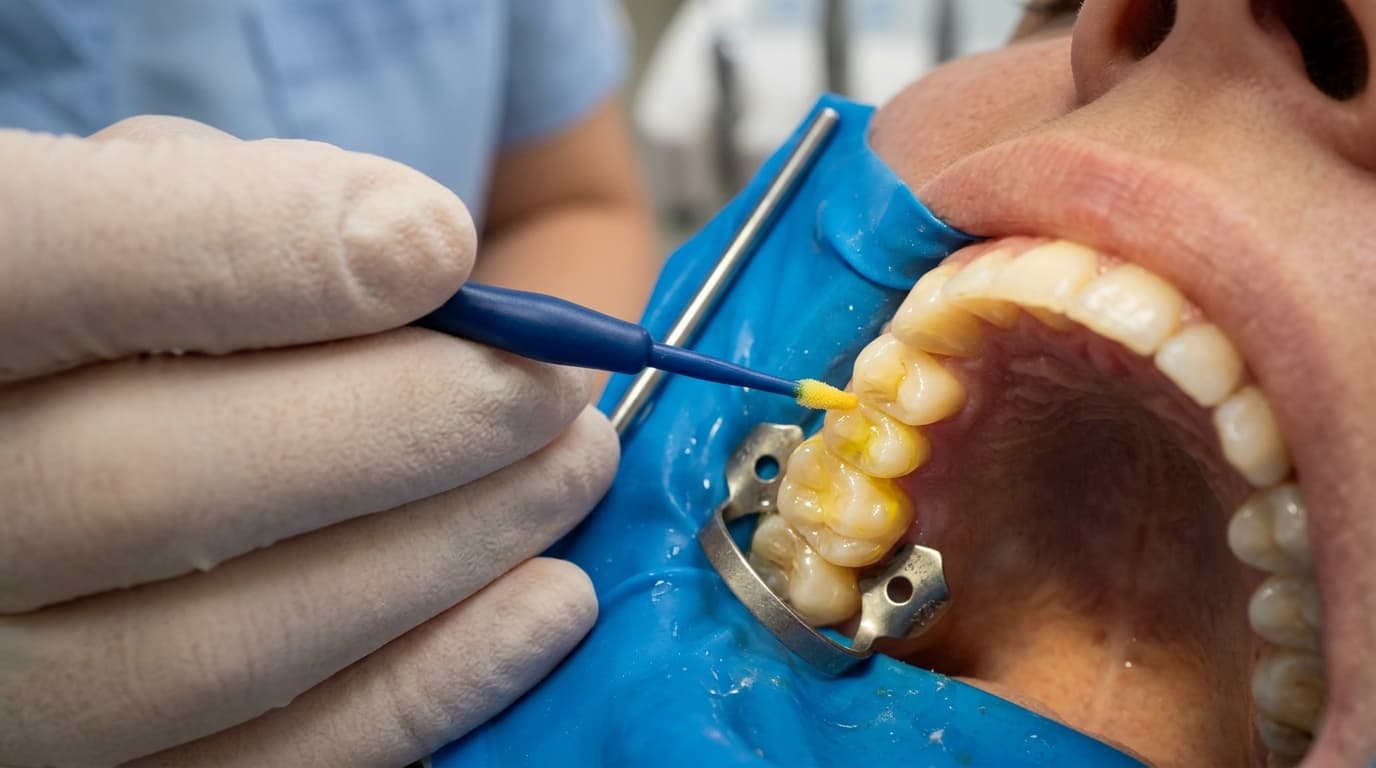Fluoride varnish being applied to a tooth