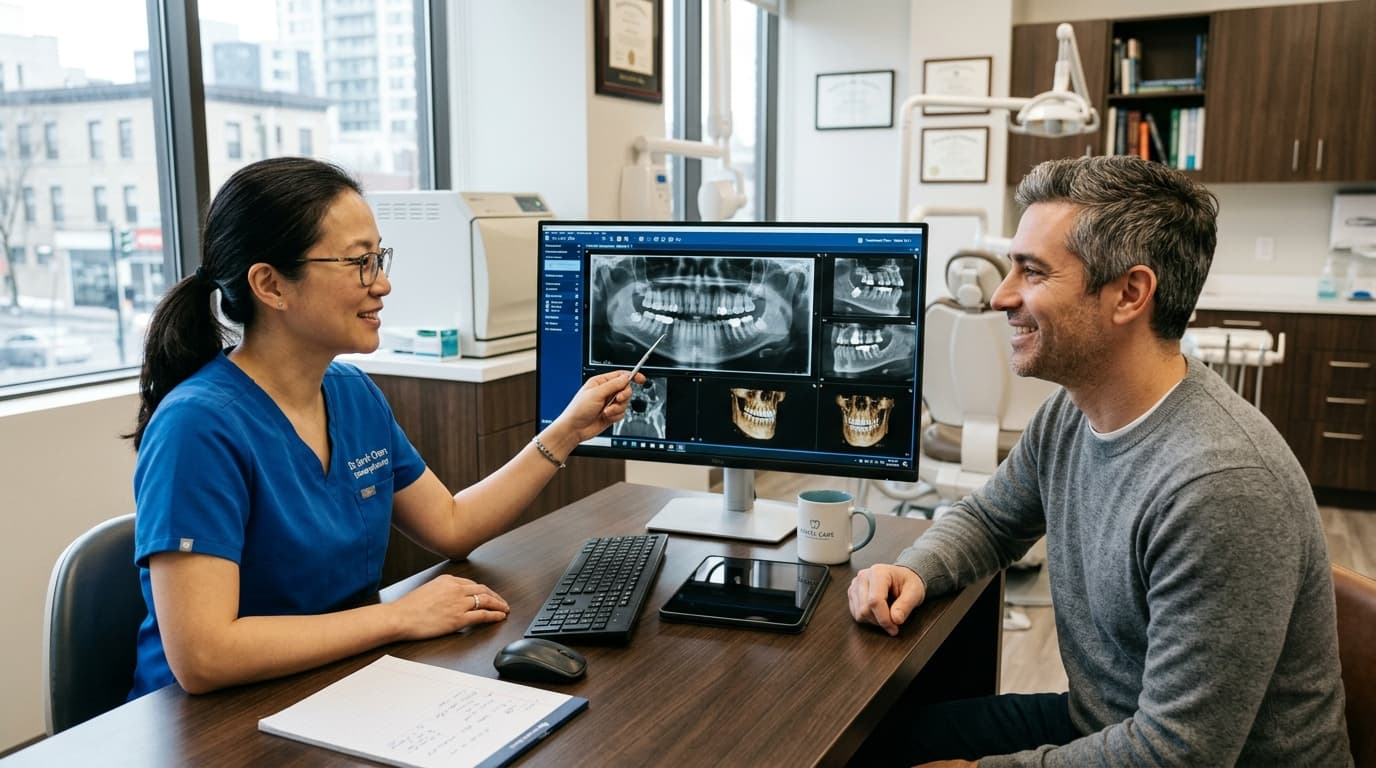 Dentist and patient reviewing digital dental X-rays and treatment plan together